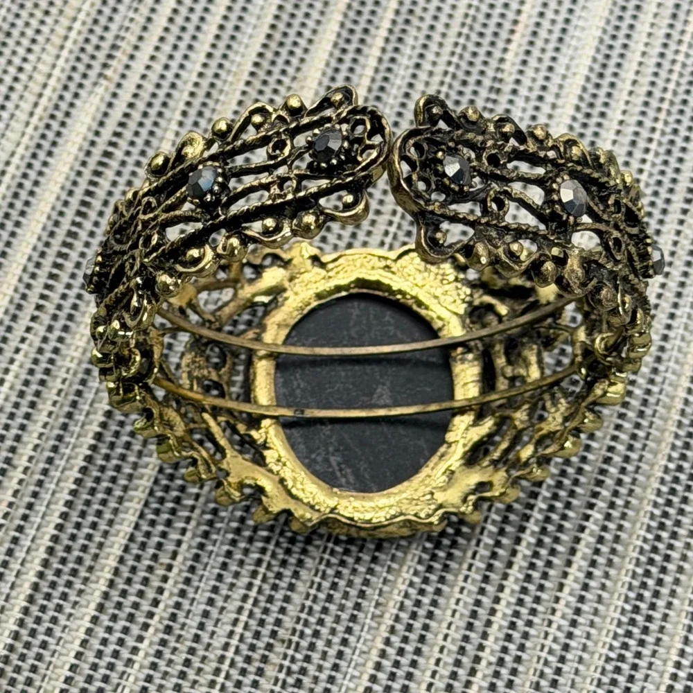 Vintage Victorian Revival Cameo Clamper Bracelet Rhinestone Gold Tone Filigree